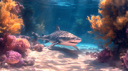 Fototapeta premium A Tiger Shark resting on the ocean floor, surrounded by soft corals and sand, the sunlight illuminating its striped body as it camouflages with the environment