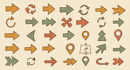 Hand drawn doodle arrows collection in various shapes and directions for direction concept or graphic design resources