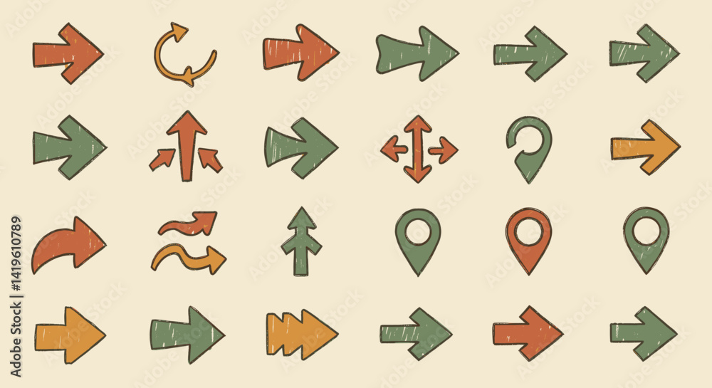 Poster hand drawn navigation arrows and map pointers in various shapes and directions graphic resource with