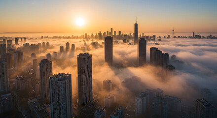 Fototapeta premium Sunrise Cityscape: Fog-Shrouded Towers and Golden Horizon