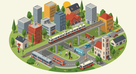 Isometric city illustration featuring train, buses, cars, pedestrians and buildings conveying urban transportation and community life