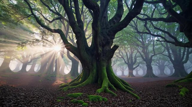 Sunbeams illuminate mossy trunks and misty atmosphere in otzarreta forest, gorbeia natural park, basque country, creating a magical scene of ancient beech trees