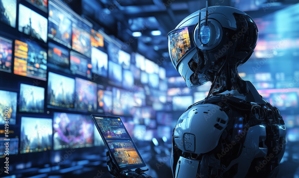 Poster futuristic robot analyzing data in a high-tech control room with multiple screens.