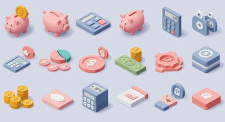 Isometric Finance Icons Collection Representing Money Savings and Business Accounting, Financial Management and Investment Planning