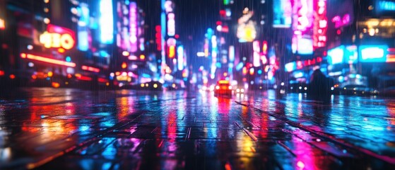Neon City Nightscape: Rain-slicked Streets Reflecting Vibrant Lights