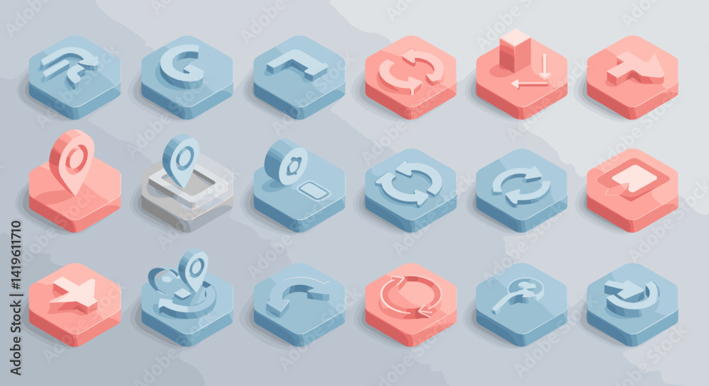 Aufkleber isometric icon set representing navigation, mapping, and direction for user interface design and web