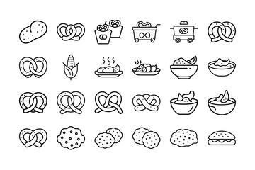 Vintage doodle food icons set vector illustration features coffee, tea, cake, bread, pizza, sandwich, and drink symbols for restaurant design