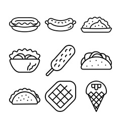 This vector icon set features cartoon illustrations of fast food, including a hamburger, sandwich, pizza, and sweet dessert, perfect for a menu design