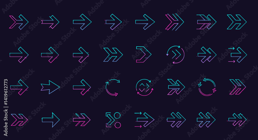 Poster neon arrows set collection illustrating directional guidance and navigation, glowing arrow symbols f