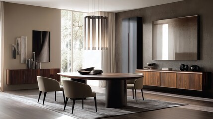 Elegant dining room featuring modern furniture and natural light