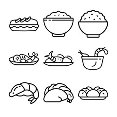 This vector  set of food icons, including cake, bread, hamburger, coffee, and other sweet and savory items