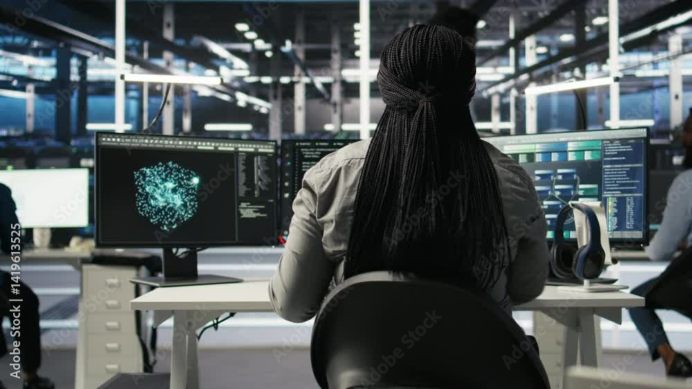 Poster data center admin does neural networks node tree programming, optimizing resource allocation. server
