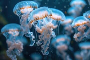 A school of translucent jellyfish pulsating through the water, their soft glow lighting up the surrounding sea life, creating a dreamlike atmosphere