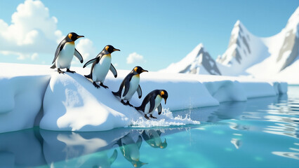 Obraz premium Opening the Floodgates: Penguins Joyfully Sliding Down Melting Ice Barrier Labeled 