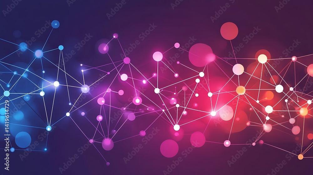 Aufkleber abstract digital network connections with colorful nodes and lines on a dark gradient background