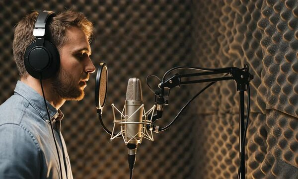 Man recording voice in soundproof studio with microphone