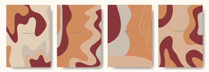 Four abstract posters with a wave pattern and a red background