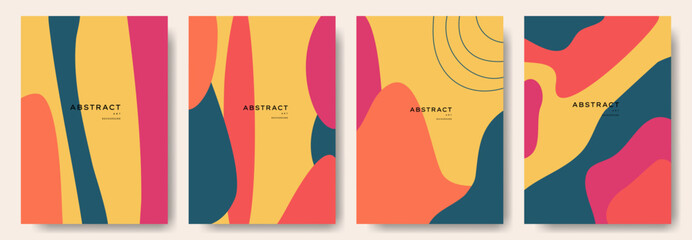 A set of four colorful posters with a bold, abstract design. The posters are titled 