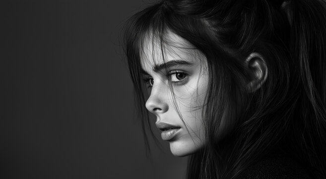 Foto em close de uma mulher com cabelo comprido preso em um rabo de cavalo, adequada para uso editorial ou comercial