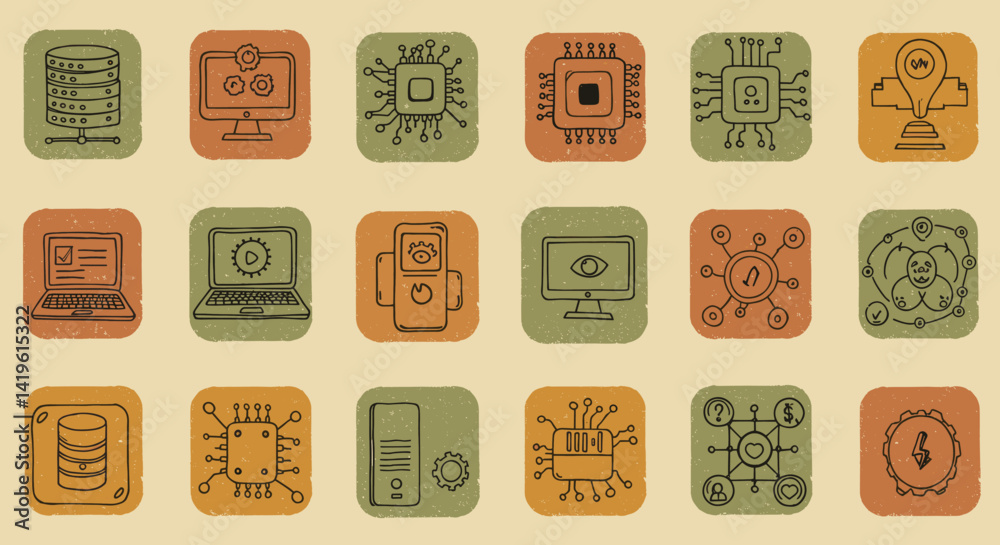 Aufkleber technology icons representing data processing and machine learning concepts in a doodle style