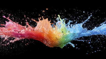 Vibrant water splash creating colorful display of hues against black background, evoking sense of energy and movement
