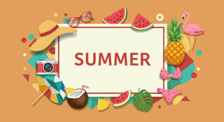 Vibrant summer vacation banner featuring essential beach accessories and tropical fruits, perfect for promotional designs