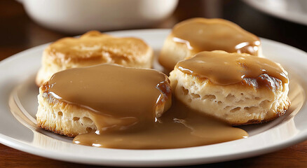 Um prato de biscoitos servido com molho rico e saboroso, perfeito para uma refei&ccedil;&atilde;o reconfortante