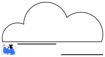 Large outlined cloud with a person pointing upward. Minimal lines form ground elements. Ideal for cloud computing, technology, digital storage, innovation, simplicity, education, flat simple metaphor