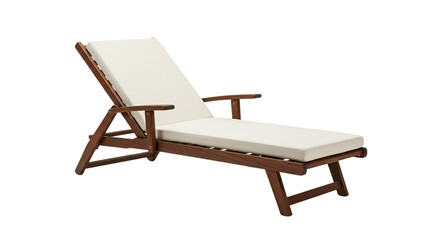 A wooden lounge chair with white cushions isolated on a black background in a studio shot animal,...