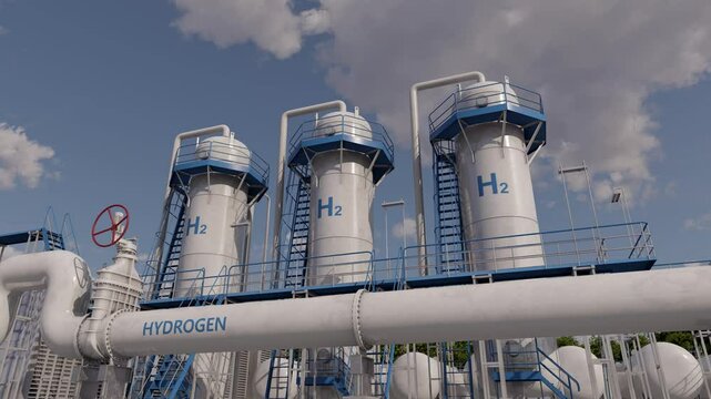 Blue hydrogen production. Extraction of hydrogen from natural gas during petroleum production. Time lapse. 3D rendering