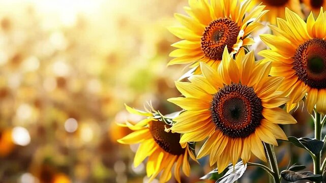 A beautiful field of sunflowers glowing under the sunlight. This image captures the essence of summer with bright colors and a warm, inviting ambiance. Ideal for floral designs. AI