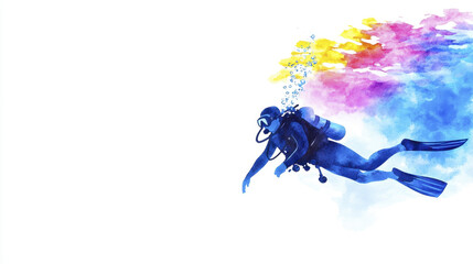 Obraz premium watercolor illustration of diver gracefully swimming underwater, surrounded by vibrant colors and bubbles, evokes sense