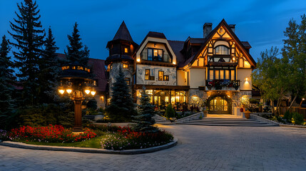 Obraz premium Charming Stone House With Christmas Decor At Night