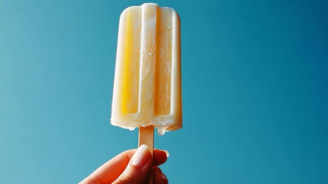 Hand holding a melting popsicle against a vibrant blue background