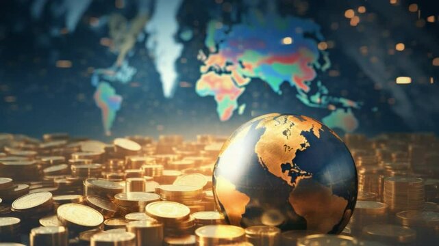 Global Financial Landscape: An evocative image presenting a conceptual representation of international finance and investment, with a golden globe positioned amidst piles of gold coins. - Powered by Adobe