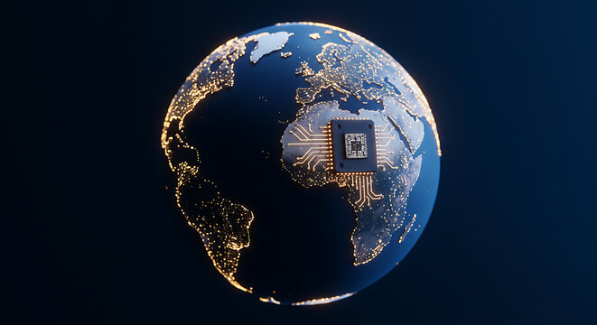 Global Network Microchip:  Night Earth Illuminated Circuitry
