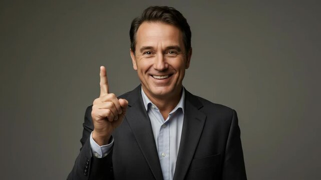 Confident businessman gesturing number one in formal attire with friendly expression