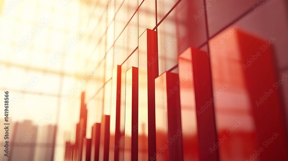 Poster abstract representation of a rising bar graph with warm light reflections in a modern office setting