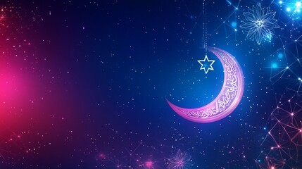 Naklejka premium Crescent Moon and Stars in a Neon Galaxy