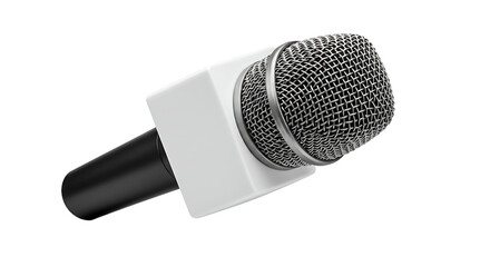 A professional microphone with a black handle and a white square box on a black background