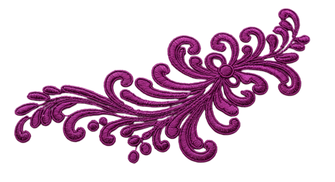 A magenta embroidered floral design with swirls and curves on a black isolated background image art animal, icon,  cartoon, vegetables, fruits, png, event,