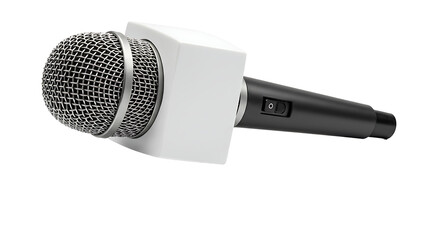 Close up shot of a black and white microphone with a switch on a black background in studio lighting