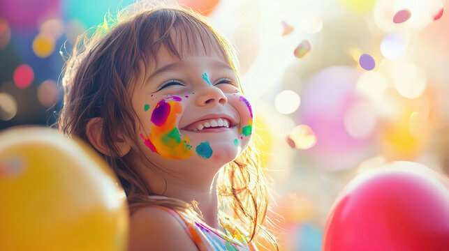 A joyful child with colorful face paint and rainbow balloons, celebrating the happiness of International Children's Day