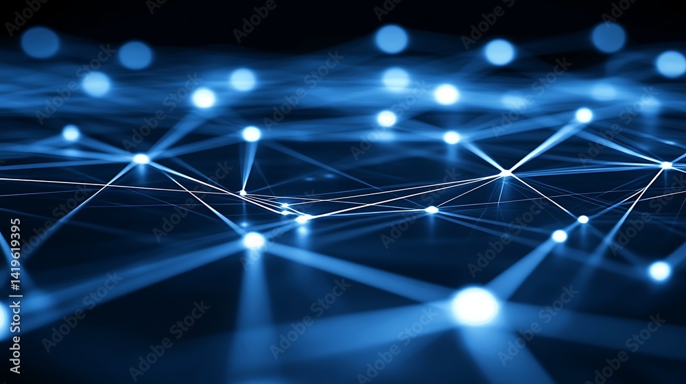 Poster abstract representation of interconnected blue lines and glowing nodes creating a digital network