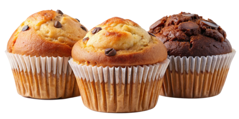 Delicious assorted muffins including vanilla and chocolate with chocolate chips