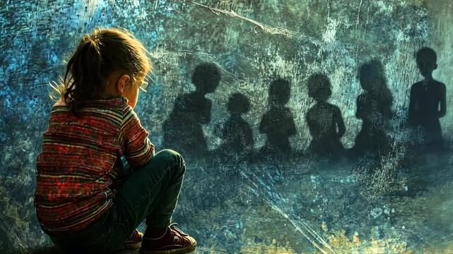 This video portrays a child deep in thought amid shadowy figures. It captures themes of loneliness, memory, and introspection. An artistic interpretation of emotional landscapes. Generative AI