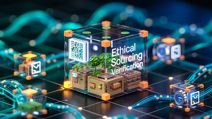 Discover Ethical Sourcing Verification through advanced technology represented by transparent cubes plants chips and glowing connections showcasing supply chain integrity.