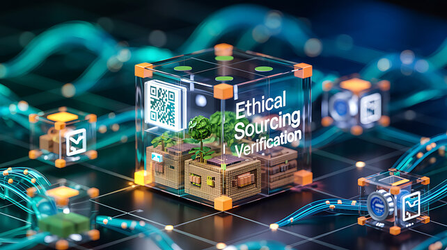 Discover Ethical Sourcing Verification through advanced technology represented by transparent cubes plants chips and glowing connections showcasing supply chain integrity.