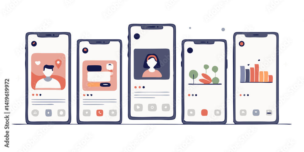 Wall mural illustration of five mobile phones displaying different app interfaces and user interface elements d