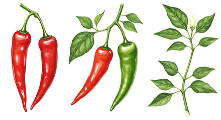 Illustration of red and green chili peppers with leaves isolated on a black background design element